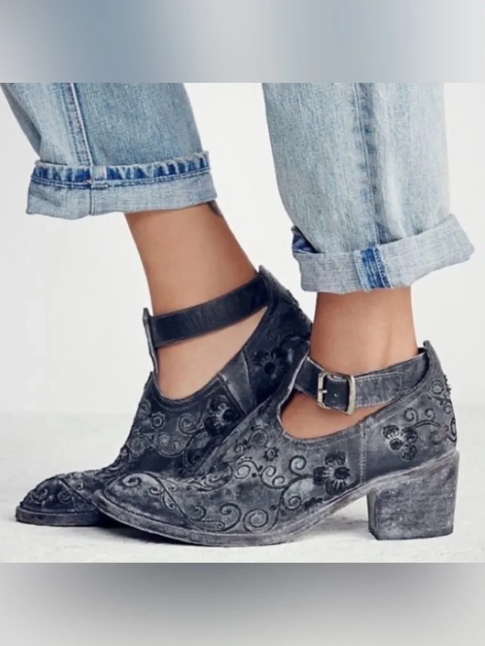 Free People x Farylrobin Lina Ankle Leather Booties Embroidered Black Sz 7 - Picture 1 of 8